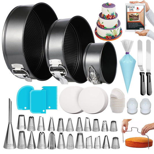 RFAQK 150PCs Cake Pan Set for Baking + Cake Decorating Supplies: 3 Round Non Stick Springform Pan Set (4, 7, 9 inches),24 Icing Tips,Cake Leveler–Multi-functional Leak-Proof Cake Pans & eBook - CookCave