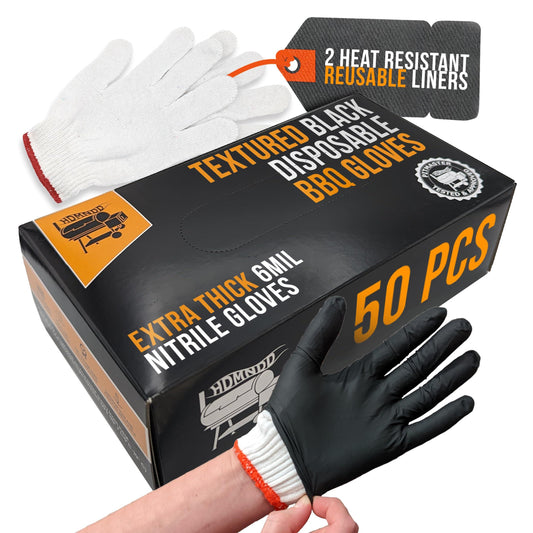 Black Disposable BBQ Gloves Kit with 50 Heavy Duty Textured Fingertip Grips and 2 Heat Resistant, Washable, Reusable Glove Liners for Grill BBQ Cooking Gloves, Meat Gloves for Pulling Meat - CookCave