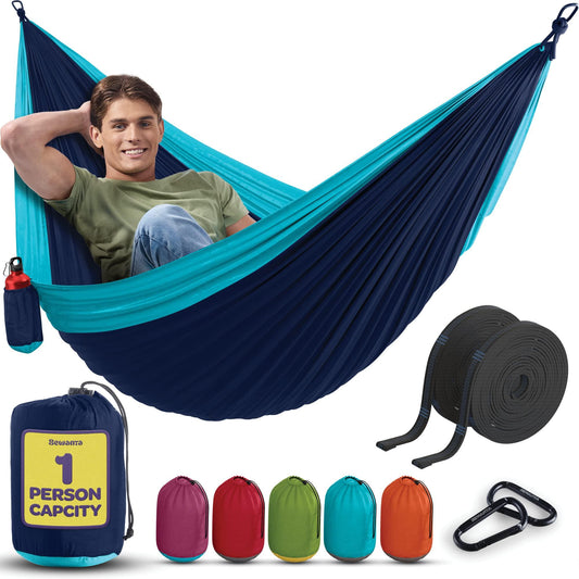 Durable Hammock 400 lb Capacity - Lightweight Nylon Camping Hammock Chair - Double or Single Sizes w/Tree Straps and Attached Carry Bag - Portable for Travel/Backpacking/ (Navy, Medium) - CookCave