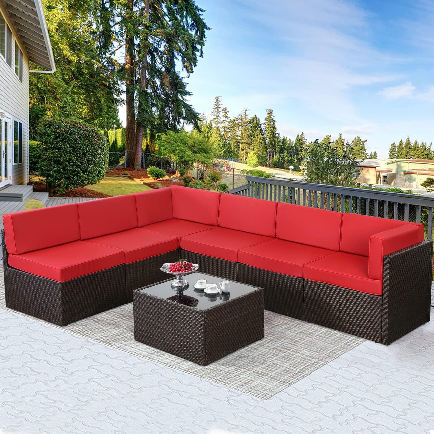 U-MAX Outdoor Sectional Furniture Chair Set with Cushions and Coffee Table,Patio PE Rattan Wicker Sofa, 7 Piece - CookCave