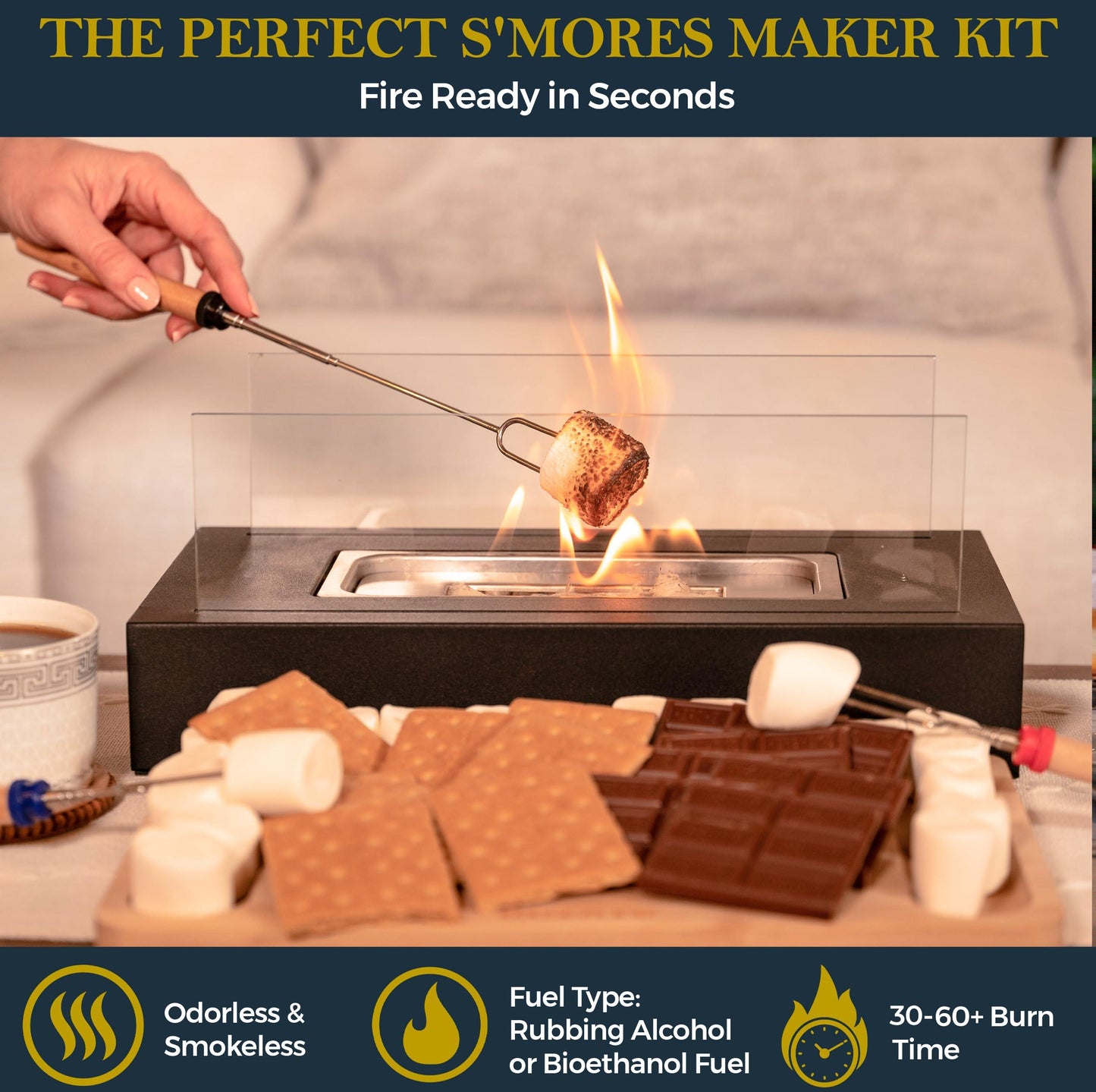 ROZATO Tabletop Fire Pit with Smores Maker Kit Portable Indoor/Outdoor Mini Small Fireplace Table Top Decor Home Patio Balcony Gifts for Women Mom Her Wedding Housewarming Birthday Valentines Day Gift - CookCave