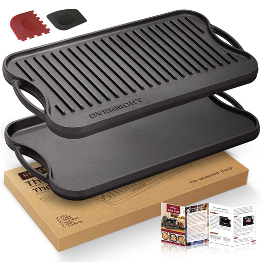 Overmont Pre-seasoned 17x9.8" Cast Iron Reversible Griddle Grill Pan with handles for Gas Stovetop Open Fire Oven, One tray, Scrapers Included - CookCave