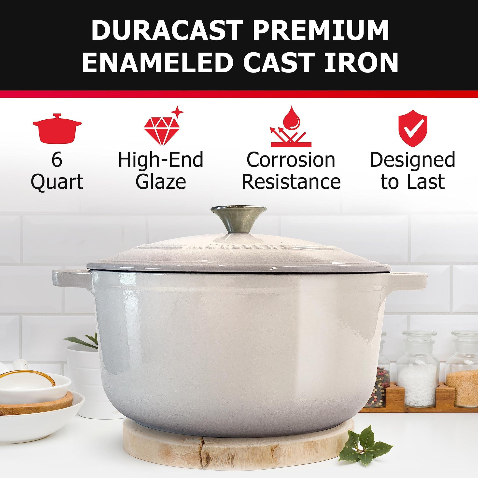 Mueller 6 Quart Enameled Cast Iron Dutch Oven, Dual Handles, Stainless Knob - For Braising, Stews, Roasting, Baking - CookCave