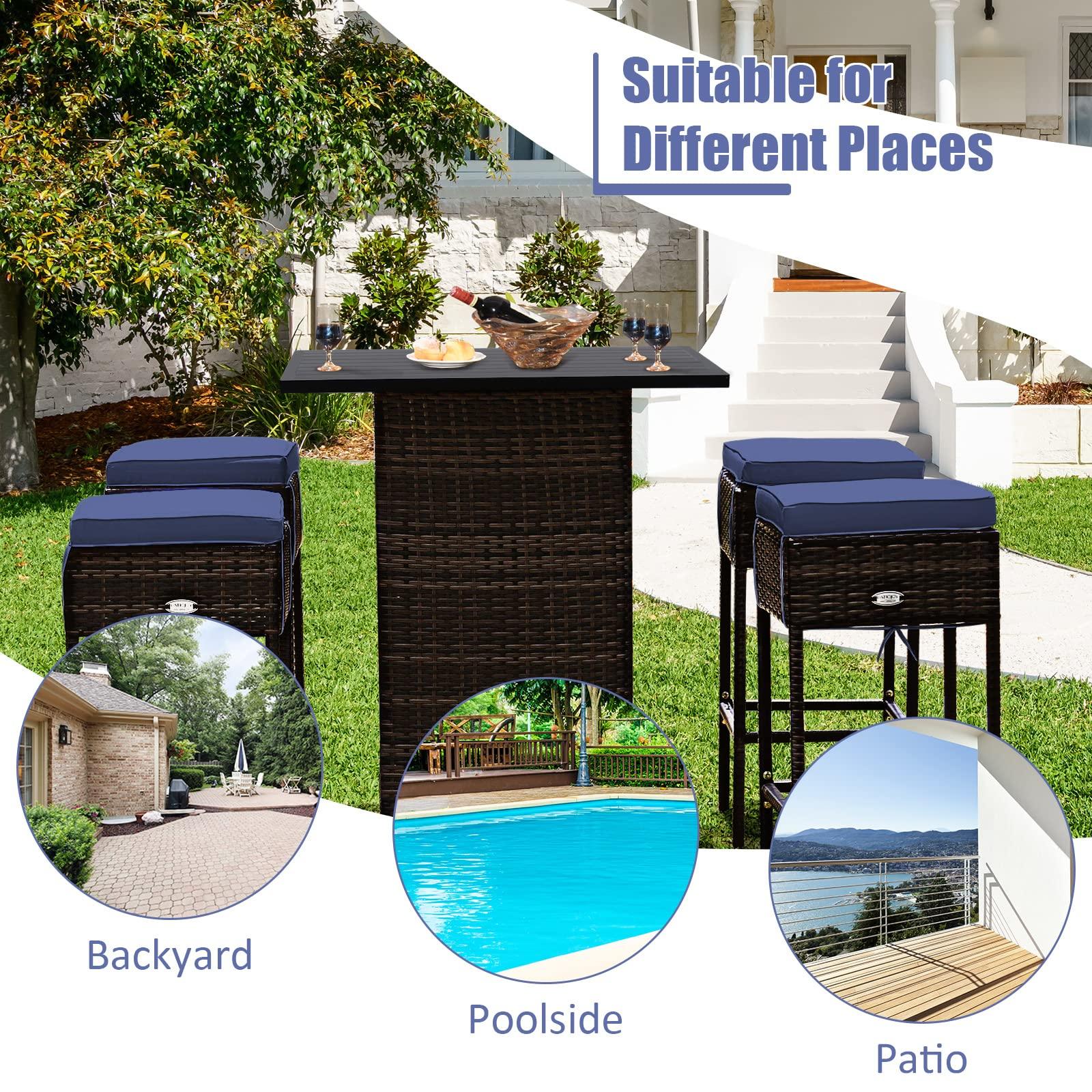 Tangkula 5 Piece Outdoor Rattan Bar Set, Patio Bar Furniture with 4 Cushions Stools and Smooth Top Table with Hidden Storage Shelf, Outdoor Conversation Set for Poolside, Backyard, Lawn (Navy Blue) - CookCave