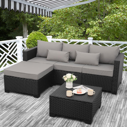 Rattaner 3 Pieces Patio Furniture Set Outdoor Sectional Wicker Patio Furniture Patio Couch with Ottoman and Outdoor Storage Table All-Weather Anti-Slip Cushions Waterproof Covers, Grey - CookCave