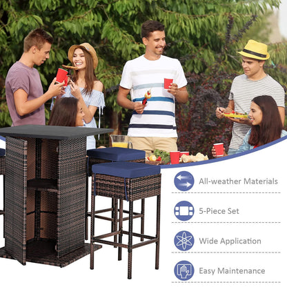 Tangkula 5 Piece Outdoor Rattan Bar Set, Patio Bar Furniture with 4 Cushions Stools and Smooth Top Table with Hidden Storage Shelf, Outdoor Conversation Set for Poolside, Backyard, Lawn (Navy Blue) - CookCave