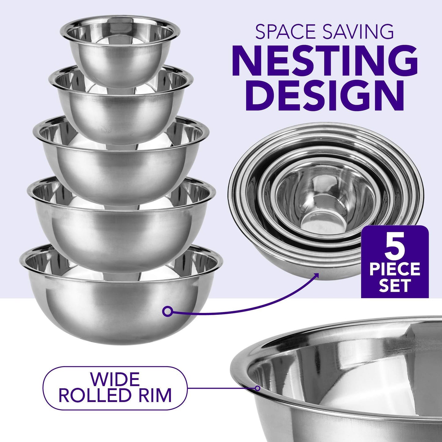 Pinnacle Plate Stainless Steel Mixing Bowls - 5 Pack Nesting Baking Supplies for Cooking, Serving, Food Prep - Dishwasher Kitchen Set, Stackable Salad Bowl for Easy Storage - CookCave