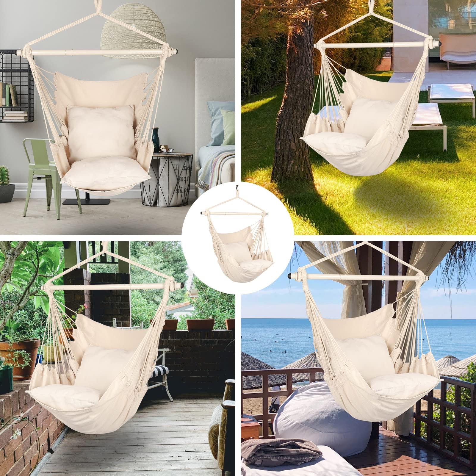 Highwild Hammock Chair Hanging Rope Swing - Max 500 Lbs - 2 Cushions Included - Steel Spreader Bar with Anti-Slip Rings - for Any Indoor or Outdoor Spaces (Beige) - CookCave