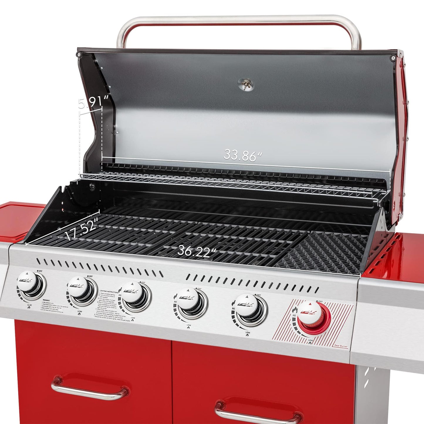Royal Gourmet GA6402R 6-Burner BBQ Propane Gas Grill with Sear Burner and Side Burner, 74,000 BTU, Cabinet Style Barbecue Grill for Outdoor Grilling and Backyard Cooking, Red - CookCave