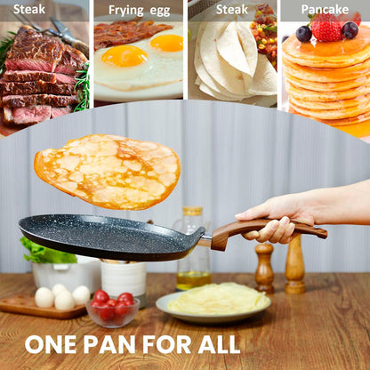 Non Stick Crepe Pan with Spreader Spatula, 11 inch PFOA-Free Granite Dosa Pan, Flat Skillet Grill Pan Comal for Tortillas, Omelette, Pancake Induction Bottom for Glass, Ceramic, Gas Stove Top - CookCave