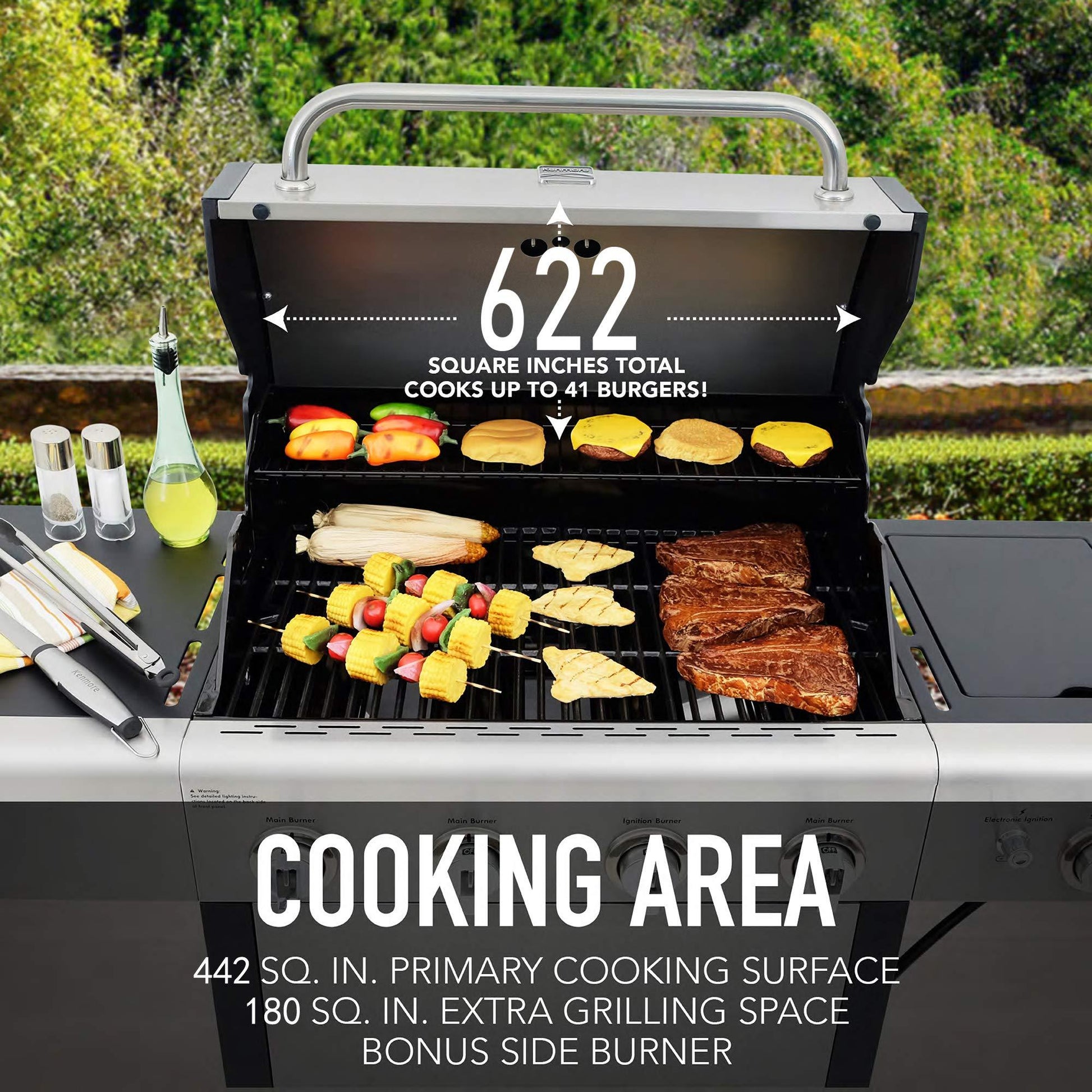 Kenmore 4-Burner Gas Grill with Side Burner, Outdoor BBQ Grill, Propane Gas Grill, Cast Iron Cooking Grates, Electronic Ignition, Warming Rack, Open Cart Design, 53000 BTUs, Stainless Steel - CookCave