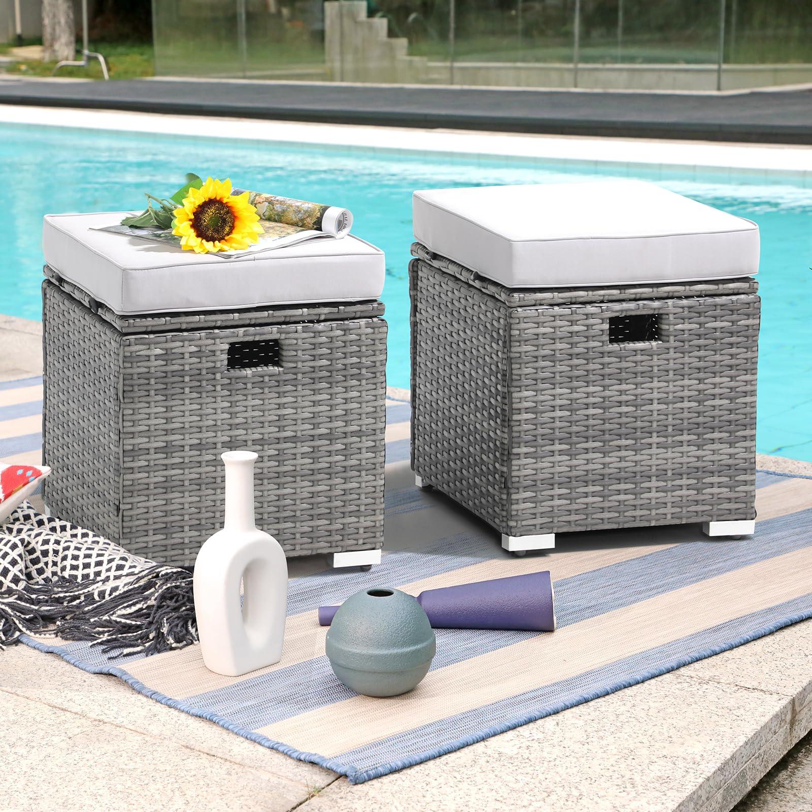 Patiorama 2 Piece Outdoor Patio Ottomans,All-Weather Grey PE Rattan Wicker Ottoman with Storage,Outdoor Footrest Footstool Seat w/Thick Cushion,Built-in Handle for Backyard Poolside Porch (Light Grey) - CookCave