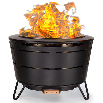 TIKI Brand Reunion Smokeless Fire Pit | Large Wood Burning Outdoor Fire Pit, Great for Large Gatherings - Includes Starter Pack, Modern Design with Removable Ash Pan, 27.5x27.5x20 in, Black - CookCave