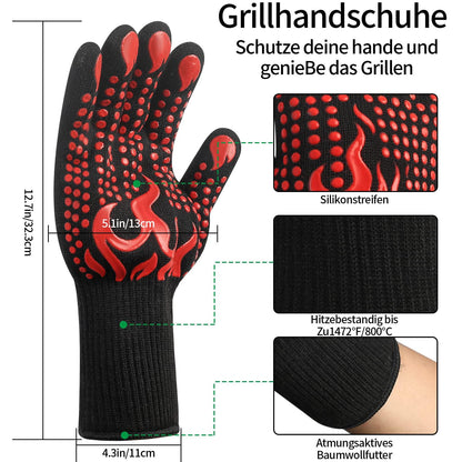 HexinYigjly 1 Pair/2 Pieces BBQ Gloves, Grilling Gloves, Heat Resistant Barbecue Oven Gloves, 1472°F/800°C Kitchen Fireproof Mitts Heat Proof for Grilling, Baking, Cooking, Welding Gloves Mitts - Red - CookCave