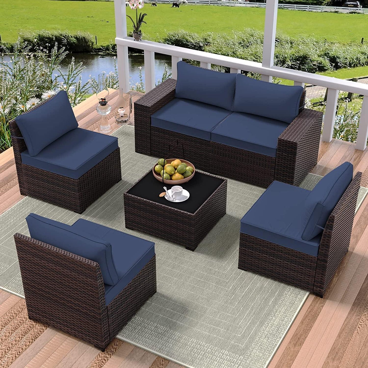 RTDTD Outdoor Patio Furniture Set, 6 Pieces Outdoor Furniture All Weather Patio Sectional Sofa PE Wicker Modular Conversation Sets with Coffee Table,5 Chairs & Seat Clips Dark Blue - CookCave