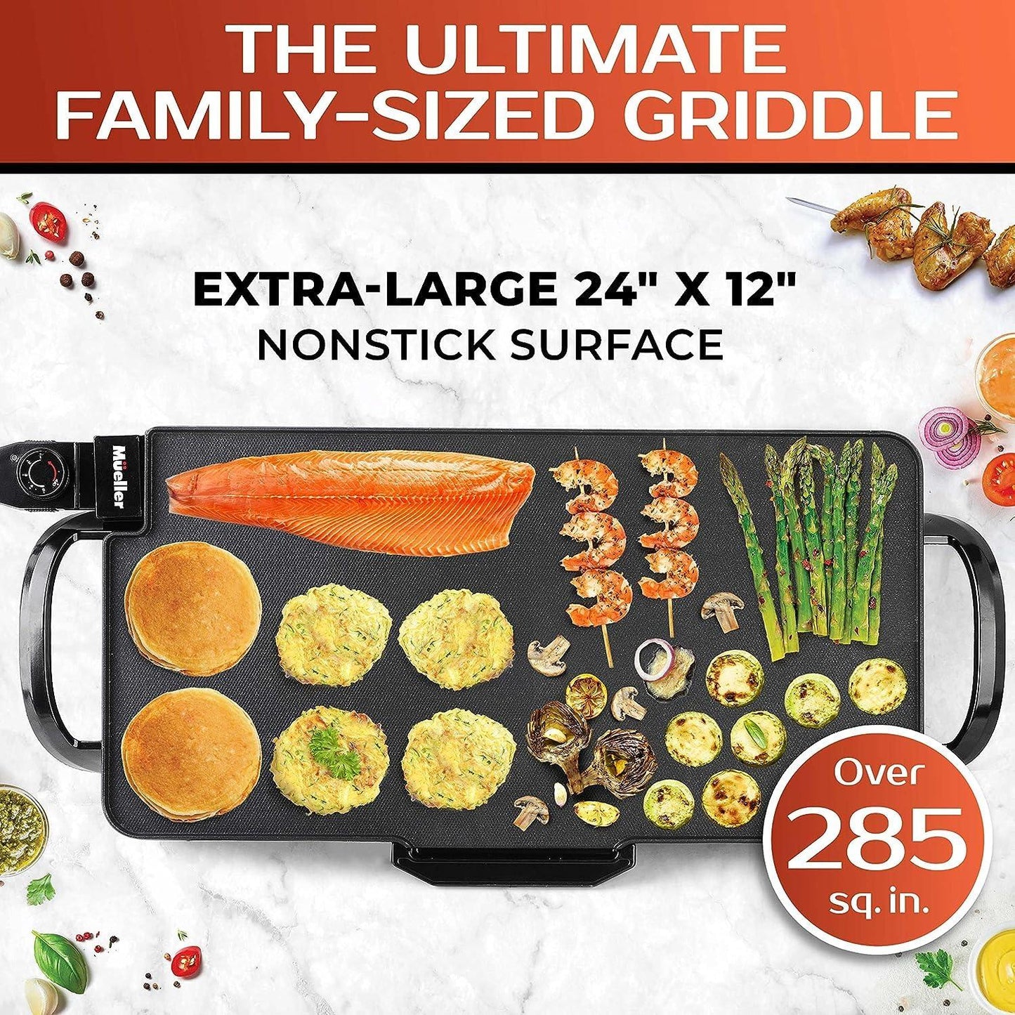 Mueller XL 24" x 12" Family-Sized Pancake Griddle, Healthy Eco Non-Stick Electric Griddle, 18 Eggs at Once, with Cool-Touch Removable Handles & Temp Control, for Pancakes, Burgers, Eggs, Black - CookCave