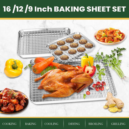 Baking Sheet with Wire Rack Set (3 Baking Pans + 3 Cooling Racks), Fire More Stainless Steel Cookie Sheets for Baking, Sheet Pan & Baking Rack Set, Nonstick & Heavy Duty & Easy Clean- 9/12/16 Inches - CookCave