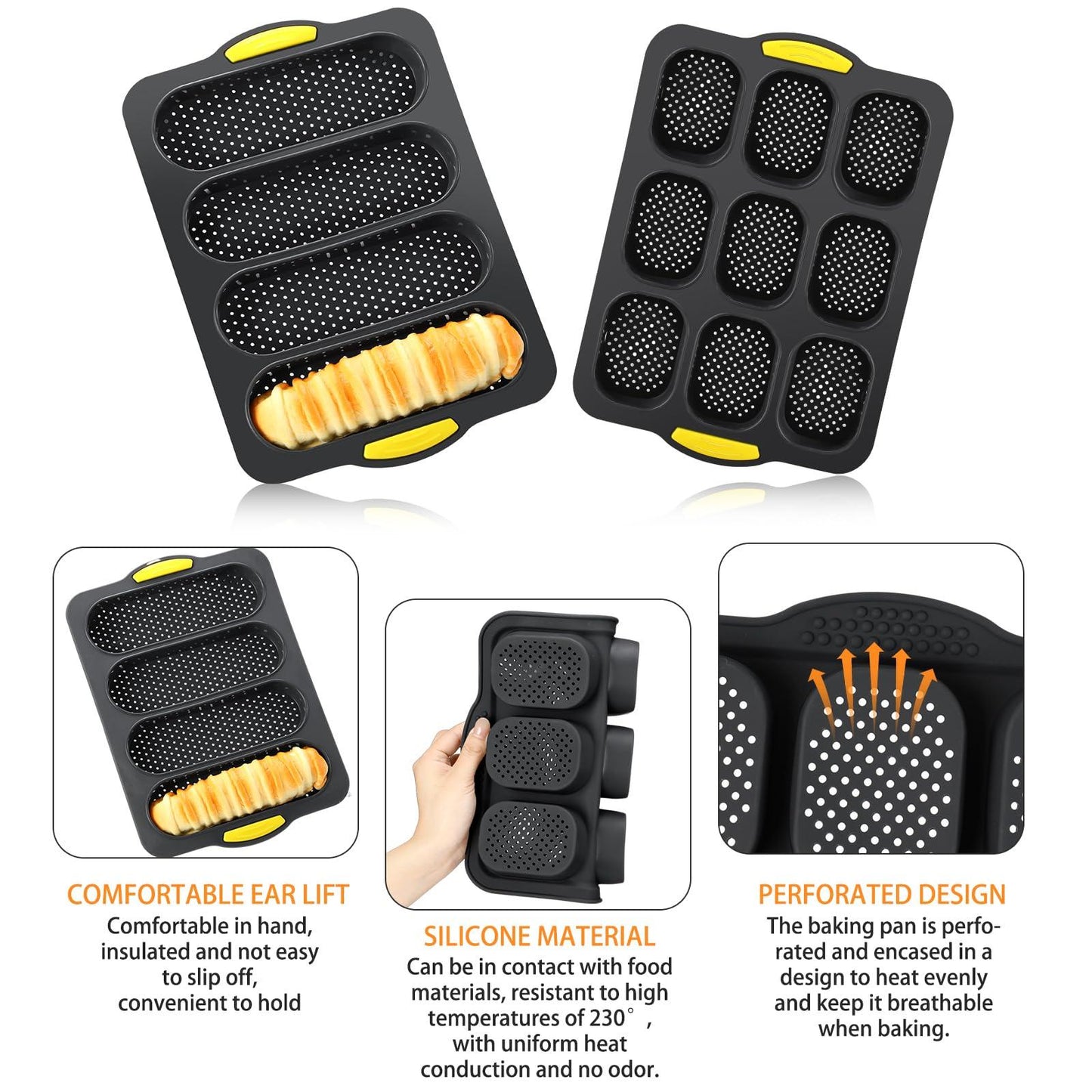 FillTouch Set of 5 Silicone Baguette Pan with Brush Spatula Gloves 9 and 4 Wave Perforated Bread Baking Tray Mold Nonstick French Baguette Pans for Oven Bake Mould Toaster Pan for Loaf Hot Dog, Black - CookCave