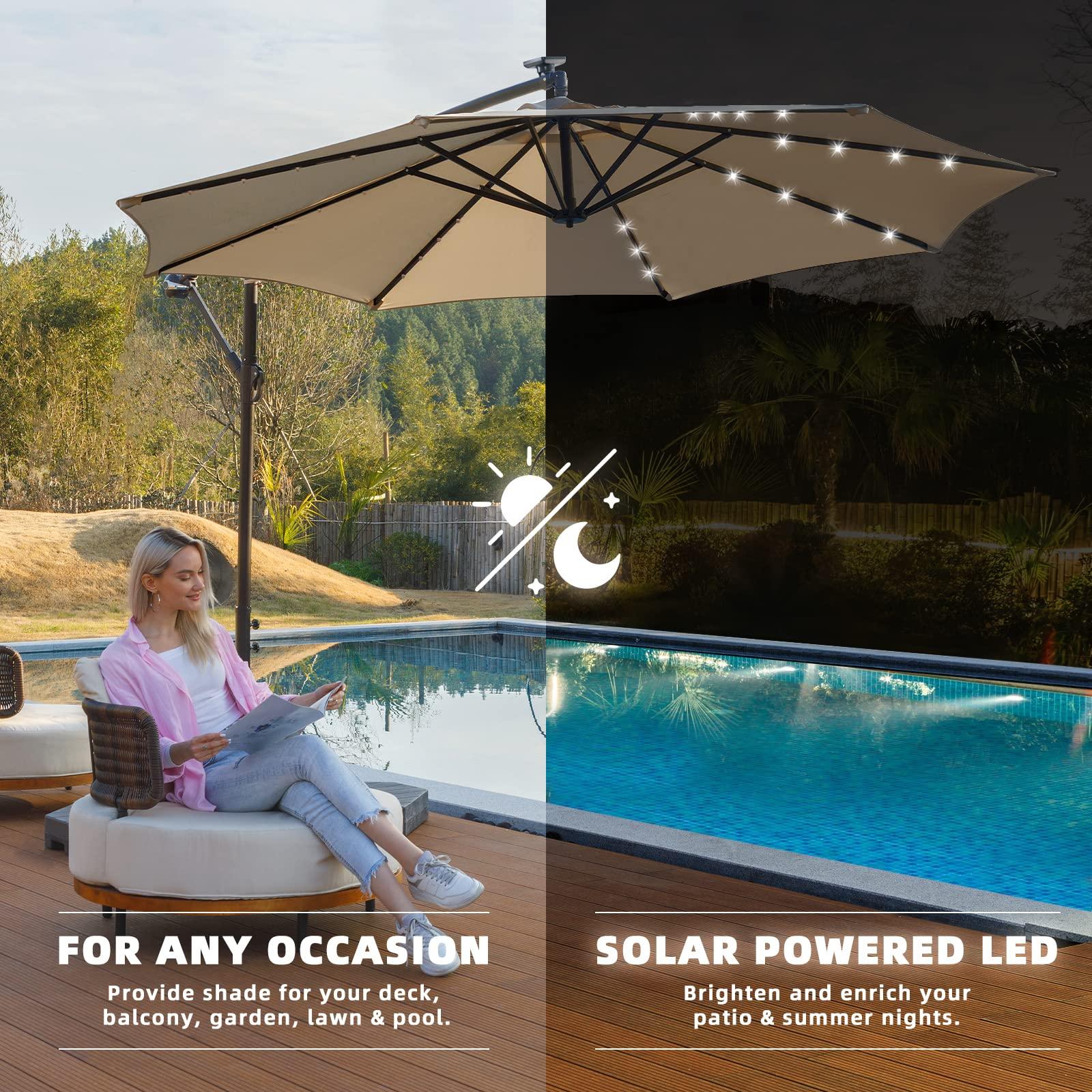 wikiwiki 10ft Solar LED Offset Hanging Market Patio Umbrella for Backyard, Poolside, Lawn and Garden,Easy Tilt Adjustment, Polyester Shade & Cross Base(Beige) - CookCave