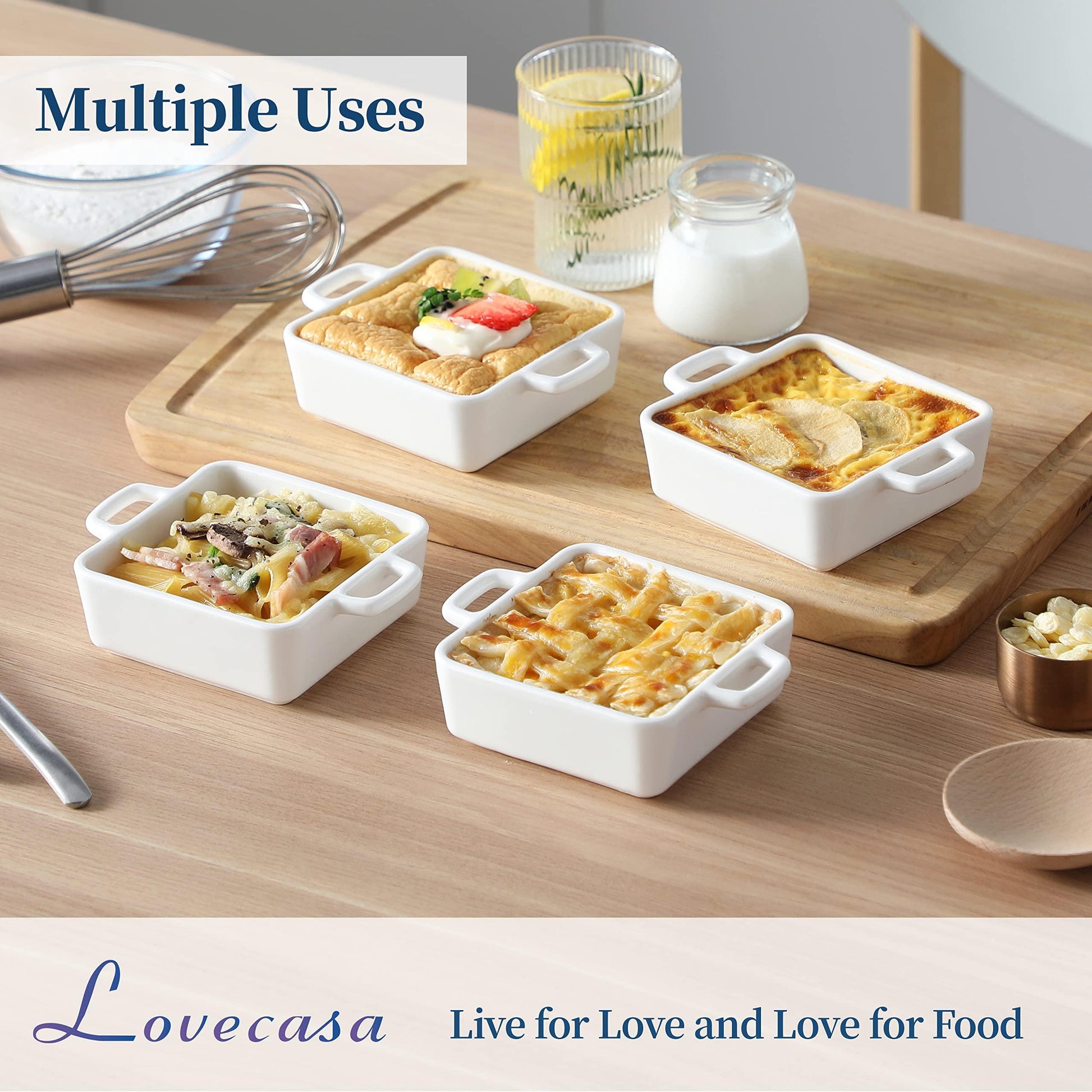 LOVECASA 8 Oz Creme Brulee Ramekins, Oven Safe Ceramic Souffle Dishes Set, Square Small Baking Dish with Handles, 4 Inches Cute Ramekins for Baking, Set of 6 - CookCave