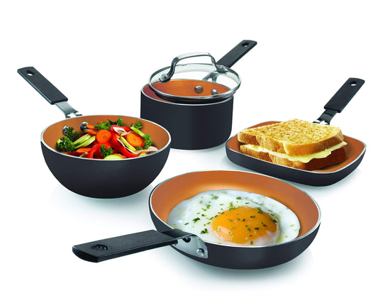 Gotham Steel Mini Stackmaster 5 Piece Cookware Set – Nonstick Personal Sized Fry Pan, Sauce Pan, Wok and Grill/Griddle Pan, Nests for Easy Storage, Dishwasher Safe,Black - CookCave