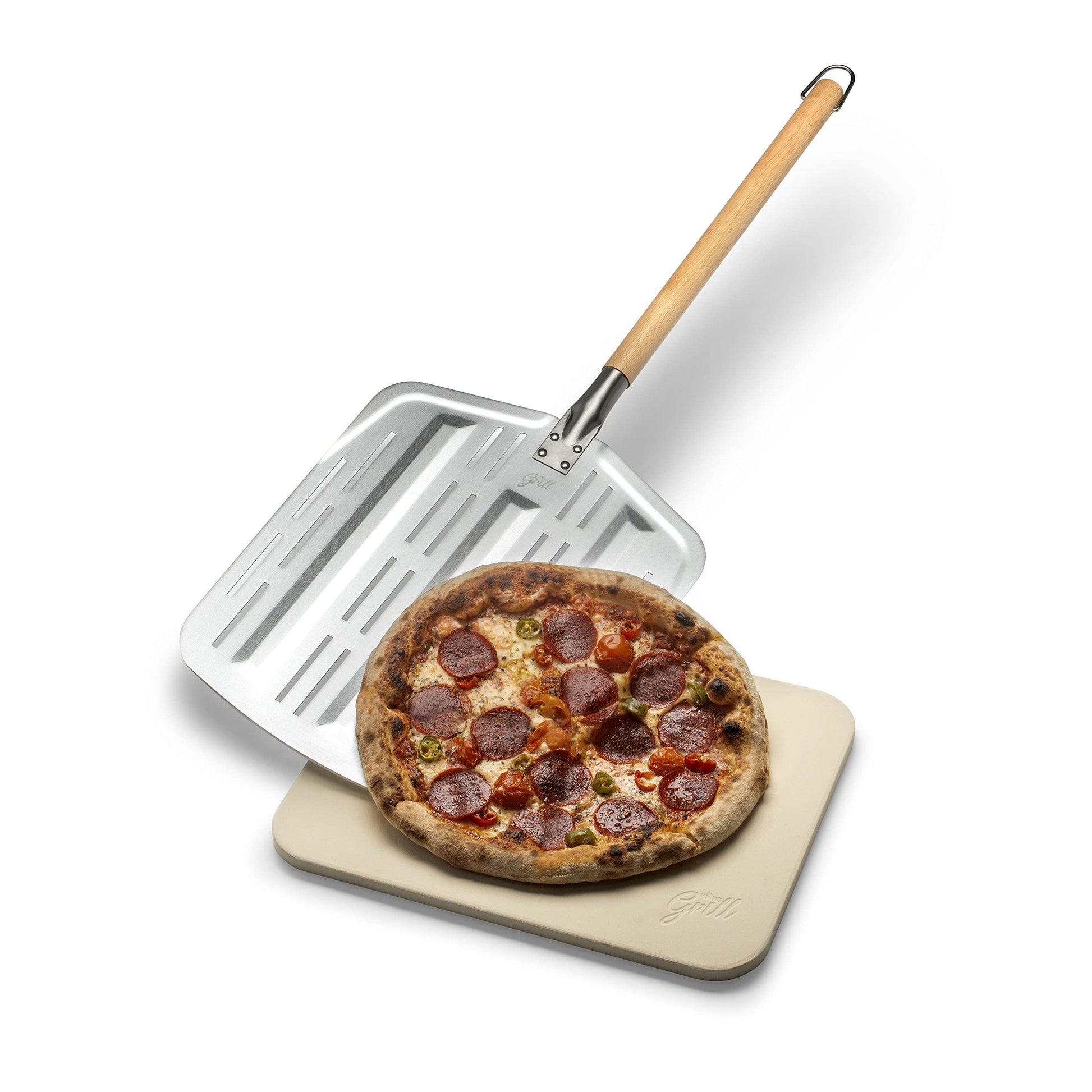 Hans Grill Pizza Stone PRO XL Baking Stone For Pizzas use in Oven, Grill or BBQ FREE Long Handled Anodised Aluminium Pizza Peel | Rectangular Stone 15 x 12" Inches | For Pies, Pastry, Bread, Calzone - CookCave