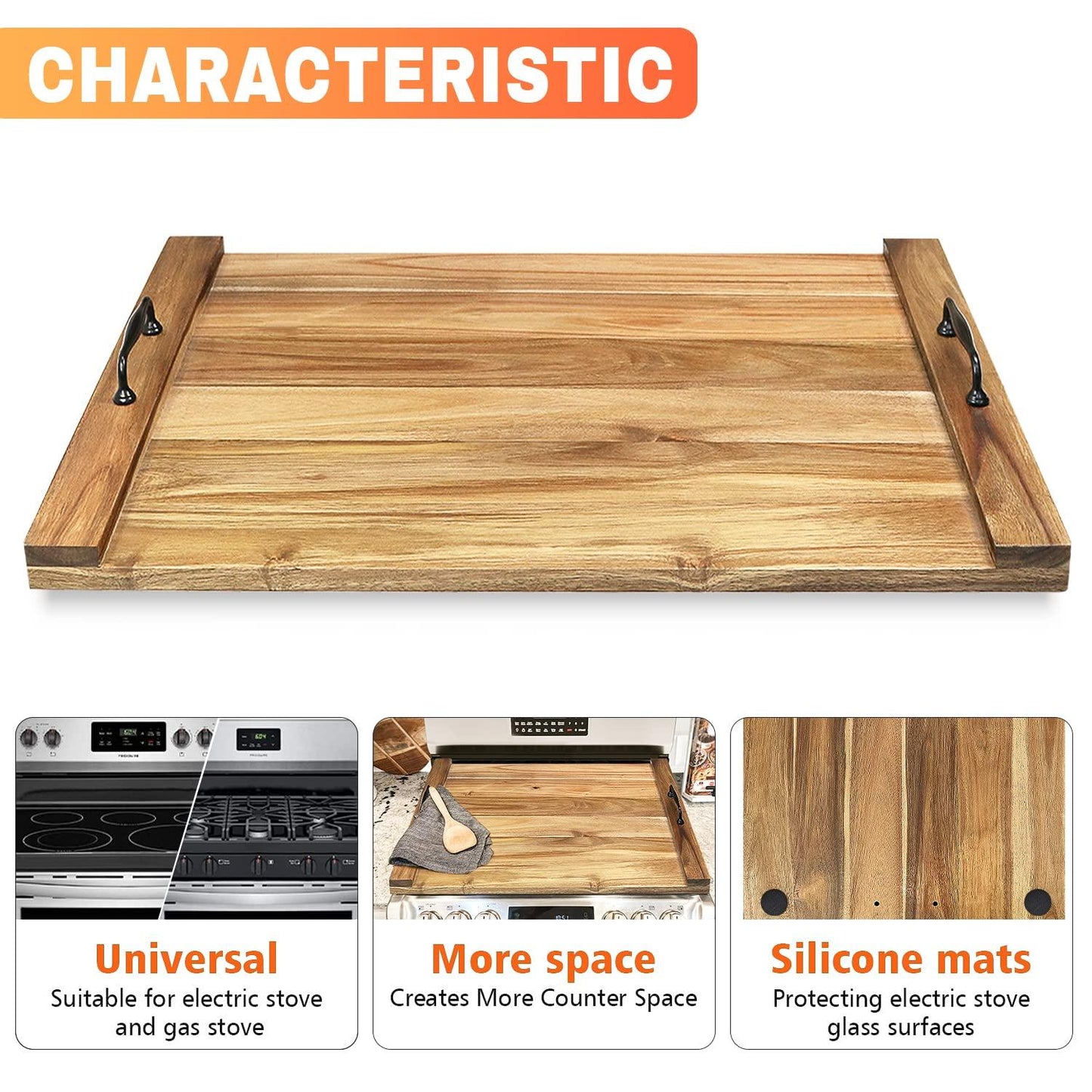 GASHELL Noodle Board Stove Cover with Handles for Electric, Gas Stove Top (Acacia Wood) - CookCave