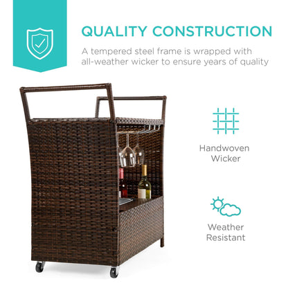 Best Choice Products Outdoor Rolling Wicker Bar Cart w/Removable Ice Bucket, Glass Countertop, Wine Glass Holders, Storage Compartments - Brown - CookCave