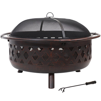 Sunnydaze Bronze Crossweave Wood-Burning Fire Pit - Includes Spark Screen, Fireplace Poker, and Round Cover - 36-Inch - CookCave