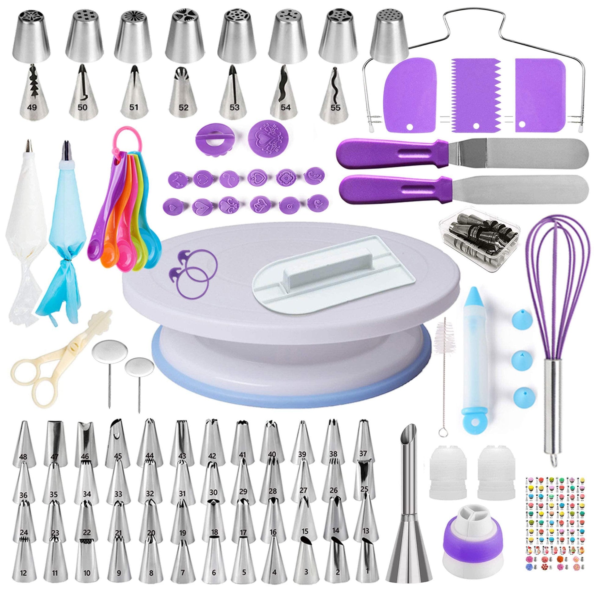 Cake Decorating Supplies Kit for Beginners, Set of 138, Baking Pastry Tools, 1 Turntable stand-55 Numbered Icing Tips with Pattern Chart, Angled Spatula, 8 Russian Piping nozzles-Baking Tools - CookCave