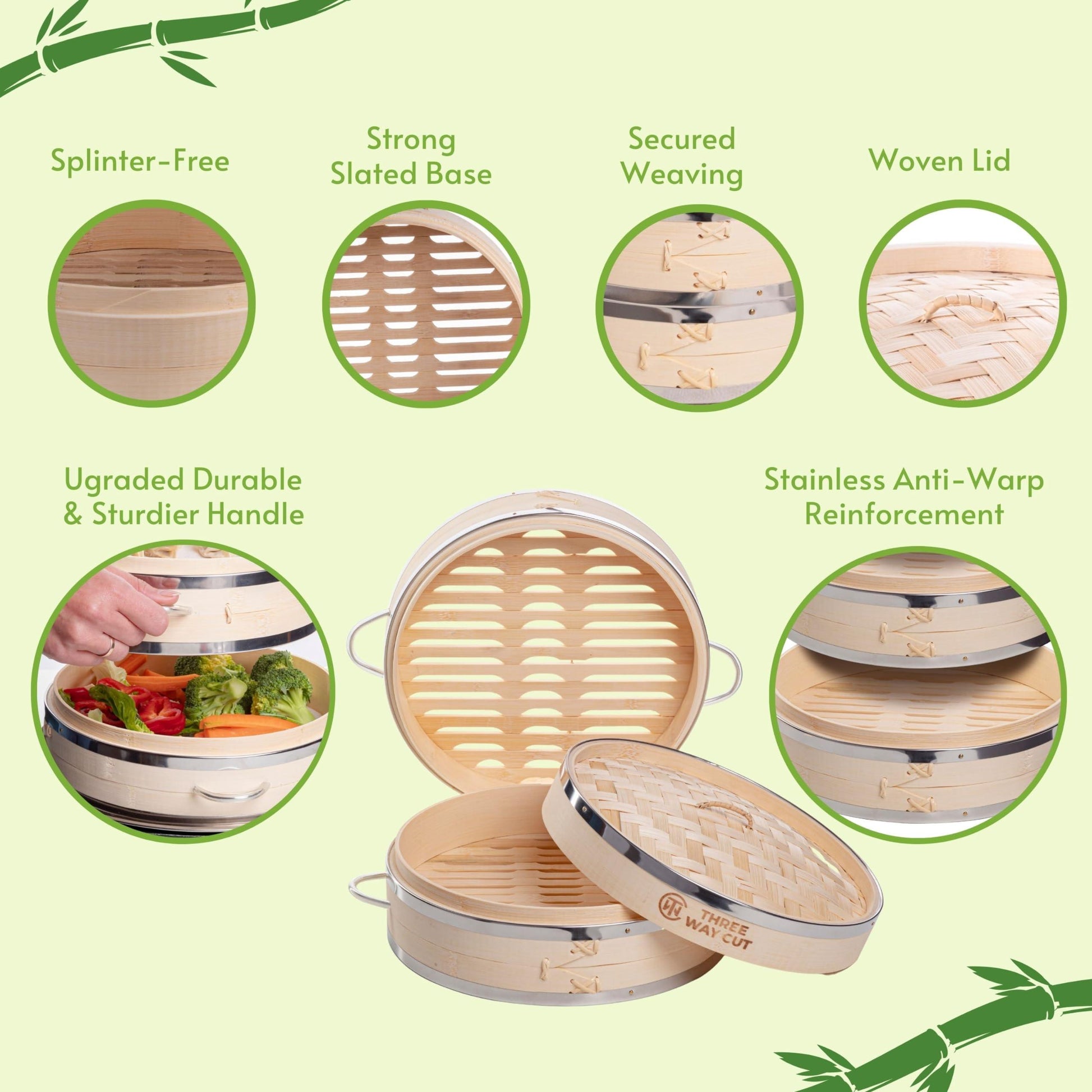 Dumpling Bamboo Steamer 10 Inch 2 Tier Wooden Basket With Handle, Reusable Silicone Liner, Kit For Cooking Baby Bao Bun, Dim Sum, Rice Potsticker Steaming Chinese Asian Food & Vegetables - CookCave