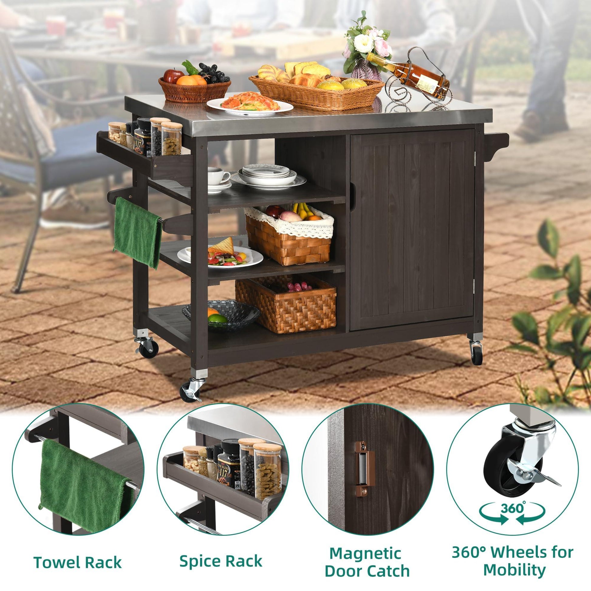 YITAHOME XL Outdoor Storage Cabinet - Versatile Solid Wood Movable Patio Table with Stainless Steel Top, Spice Rack, and Side Handle, Kitchen Island with Storage or Bar Cart - CookCave