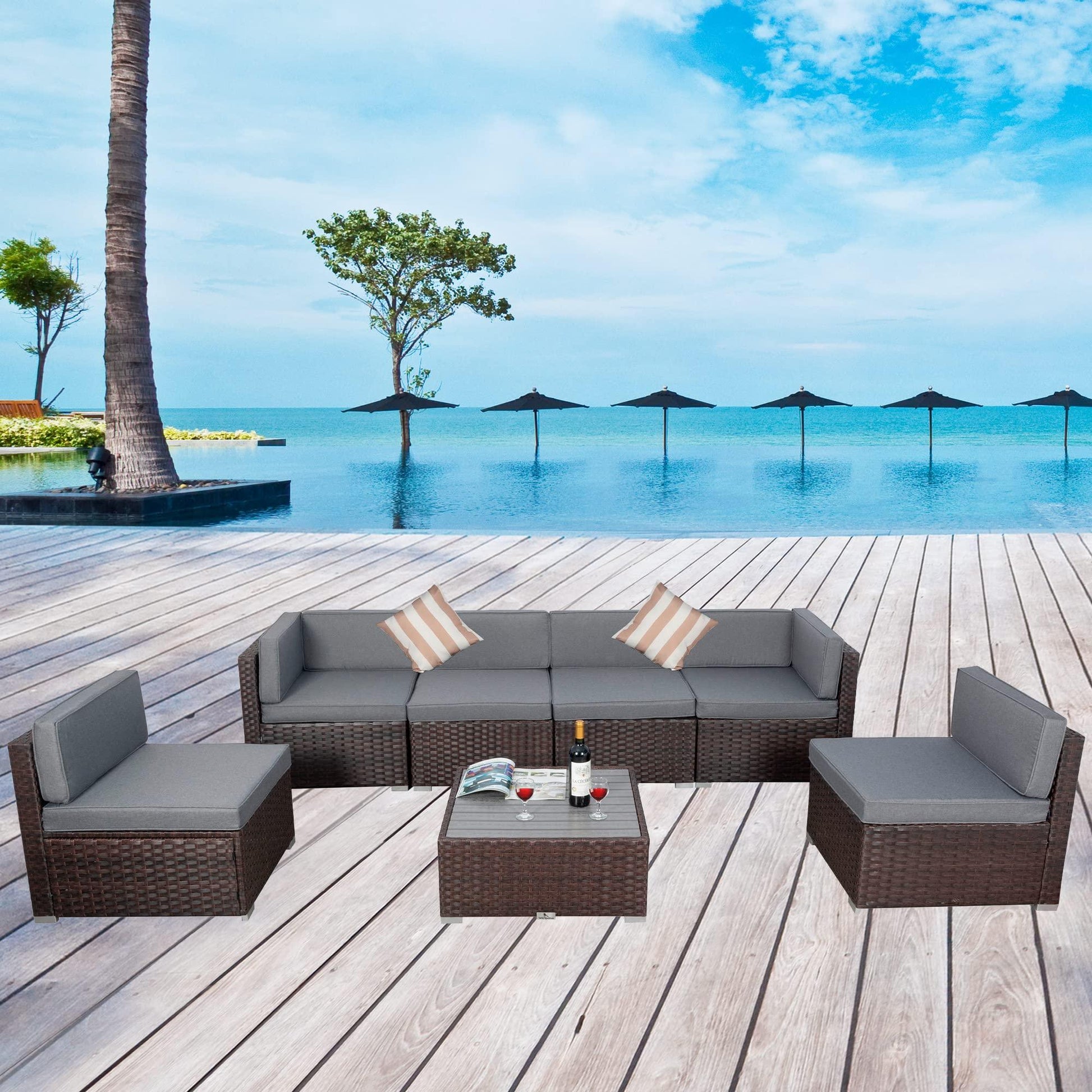 7 Piece Outdoor Patio Furniture Sets with Cushions, Outdoor PE Rattan Wicker Sectional Conversation Patio Couch Sofa Set with Coffee Table, for Garden, Deck, Poolside, Gray - CookCave