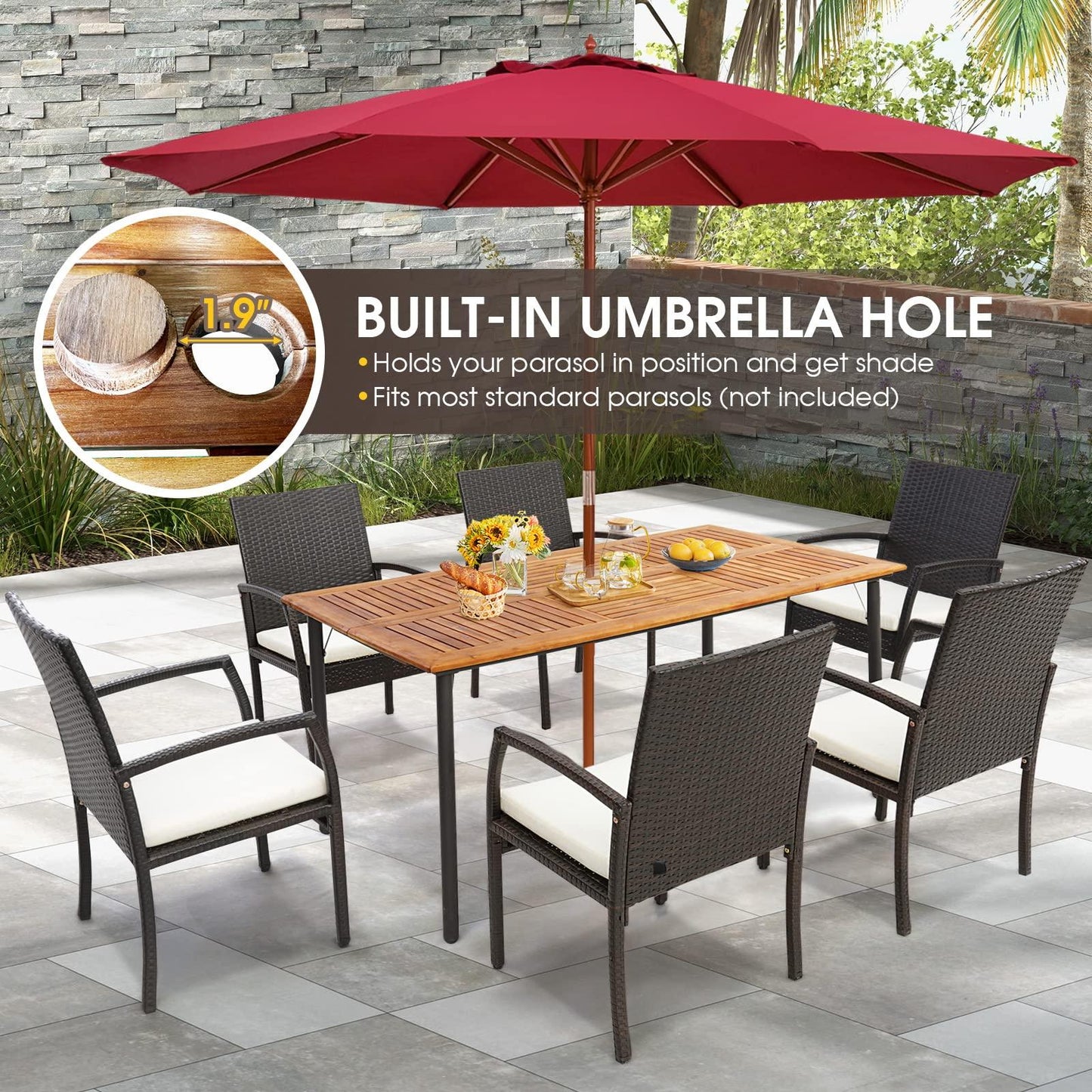 Tangkula Patio Acacia Wood Dining Table for 6 Persons, Large Rectangular Dining Table with Metal Legs, Umbrella Hole, Farmhouse Indoor Outdoor Dining Furniture for Yard Deck Lawn, 63”L x 36”W x 30”H - CookCave