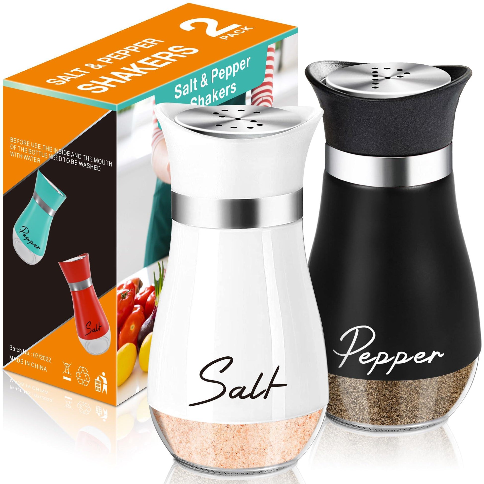 Salt and Pepper Shakers Set,4 oz Glass Bottom Salt Pepper Shaker with Stainless Steel Lid for Kitchen Gadgets Cooking Table, RV, Camp,BBQ Refillable Design (White + Black) - CookCave