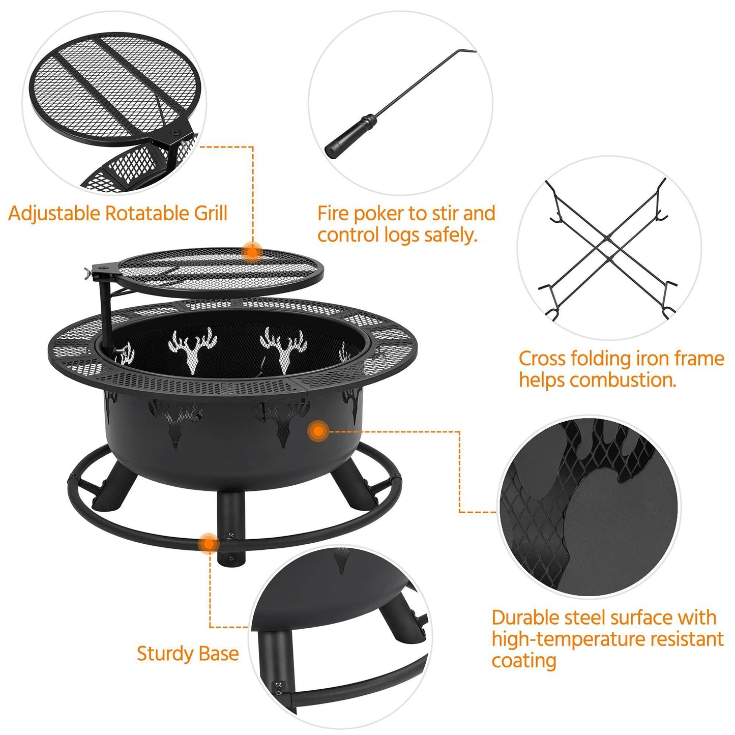 Yaheetech 32in Fire Pit Outdoor Wood Burning Firepits Outdoor Fireplace with 18.5 Inch Swivel Cooking Grill Grate & Poker Fire Bowl for Camping, Backyard, BBQ, Garden, Bonfire - CookCave