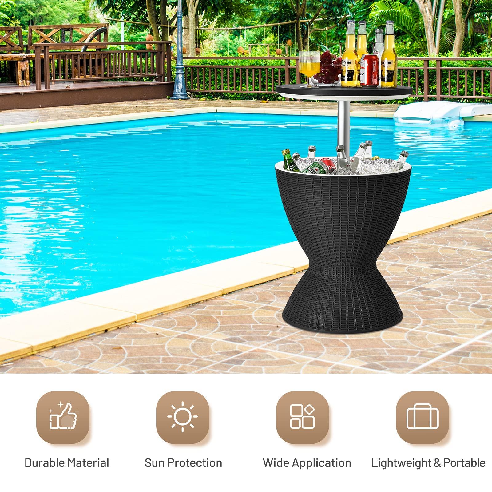 Tangkula Outdoor Cool Bar Table, Rattan Patio 8 Gallon Beer and Wine Cooler, All-Weather Ice Bucket w/Height Adjustable Top, Drainage Plug, 3-in-1 Cocktail Coffee Table for Party, Picnic (Black) - CookCave