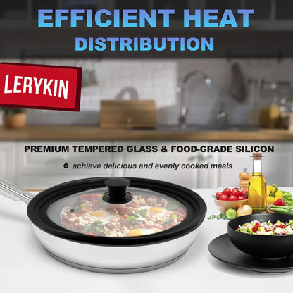 Lerykin Tempered Glass Lid - Universal Lid with Heat Resistant Silicone Rim for Pots, Pans and Skillets - Pan Cover Replacement Lid Fits 6.5", 7" and 8" Diameter Cookware - CookCave