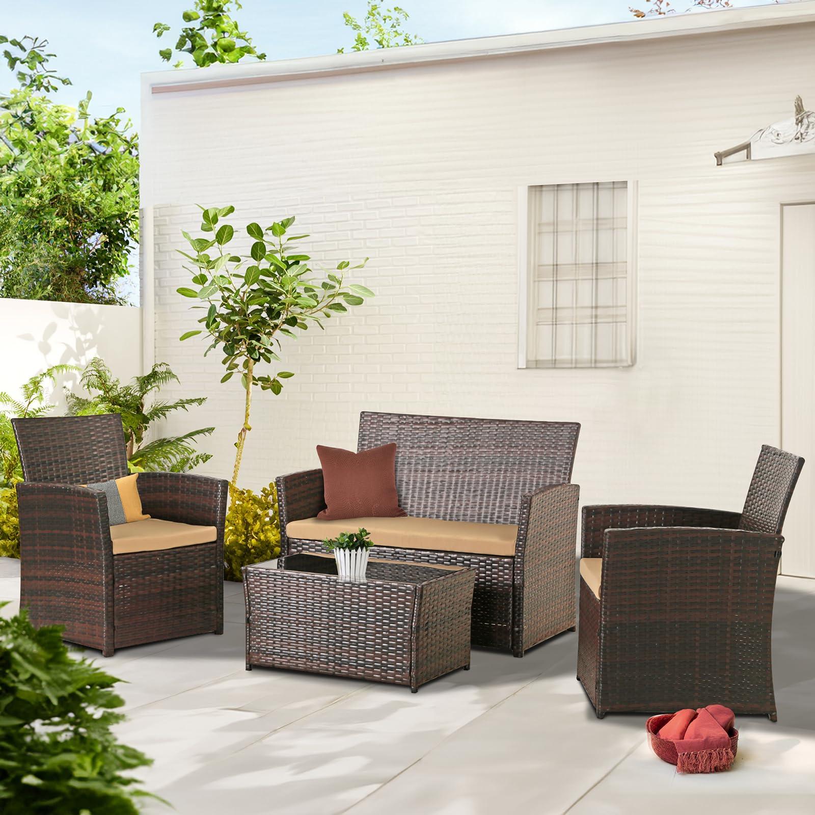 PORWEY Patio Outdoor Furniture 4 Pieces Sectional Sofa Set Balcony Furniture Wicker Rattan Chairs with Table and Loveseat for Garden, Porch, Backyard, Brown Wicker/Brown Cushion - CookCave