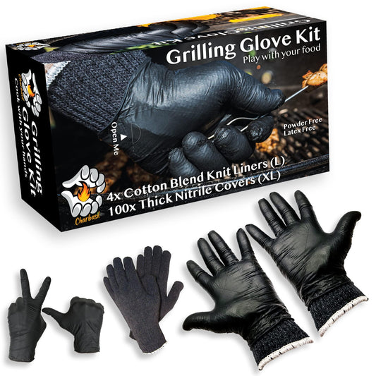 Charbasil Grilling Glove Kit – 100 Black Nitrile Gloves – 4 Thick Cotton Liners – Disposable BBQ Gloves with Washable Heat-Resistant Liners – Replaceable Cover Oven Mitt for Barbecue and Smoking Meat - CookCave
