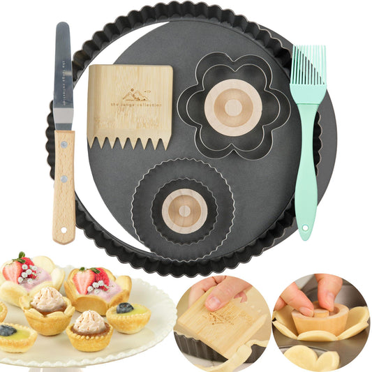The Lunga Collection Tart Pan Baking Set - Carbon Steel, Non-stick - 9 Inch Removable Bottom - Quiche Pan - Trim/Dock Tool, Offset Spatula, Pastry Brush, Tart Tampers, Cookie Cutters - Baking Gifts - CookCave