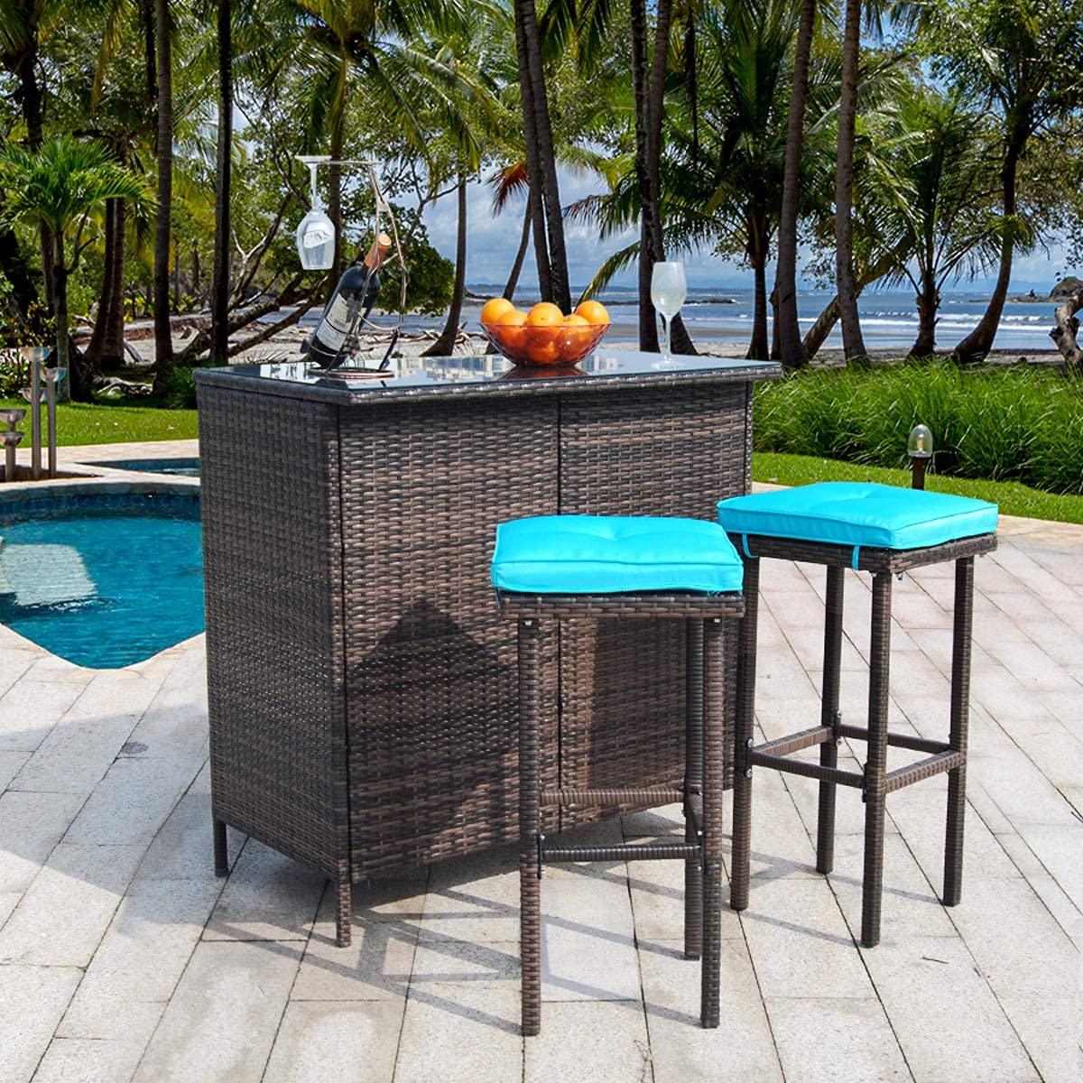 Polar Aurora 3PCS Patio Bar Set with Stools and Glass Top Table Patio Wicker Outdoor Furniture with Blue Removable Cushions for Backyards, Porches, Gardens or Poolside - CookCave