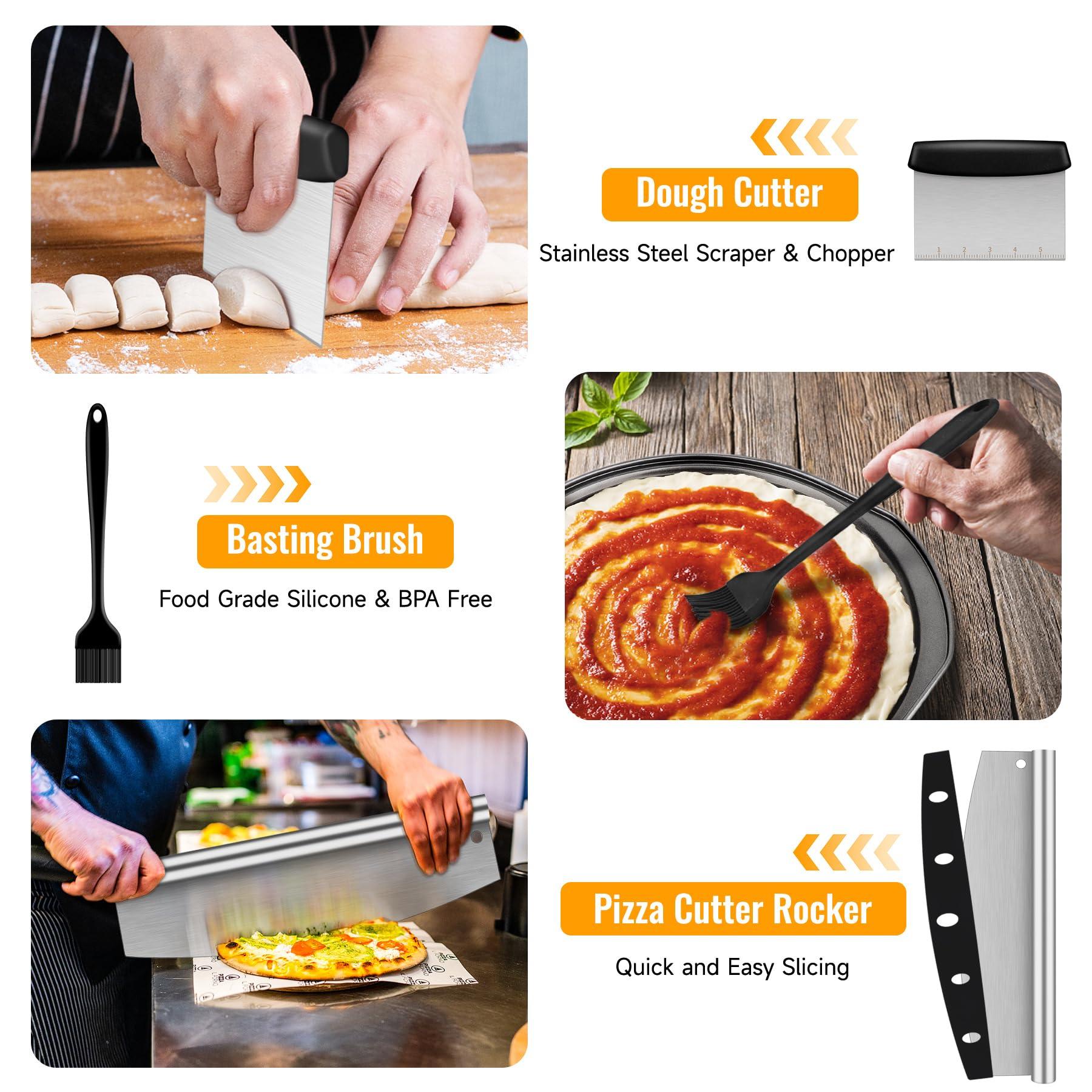 Pizza Peel Pizza Pan Set, 12" x 14" Pizza Spatula for Oven, Aluminum Pizza Paddle with Rocker Cutter Scraper Pie Server Oil Brush, Pizza Oven Accessories Tools, Baking Pizza, Dough, Bread & Pastry - CookCave