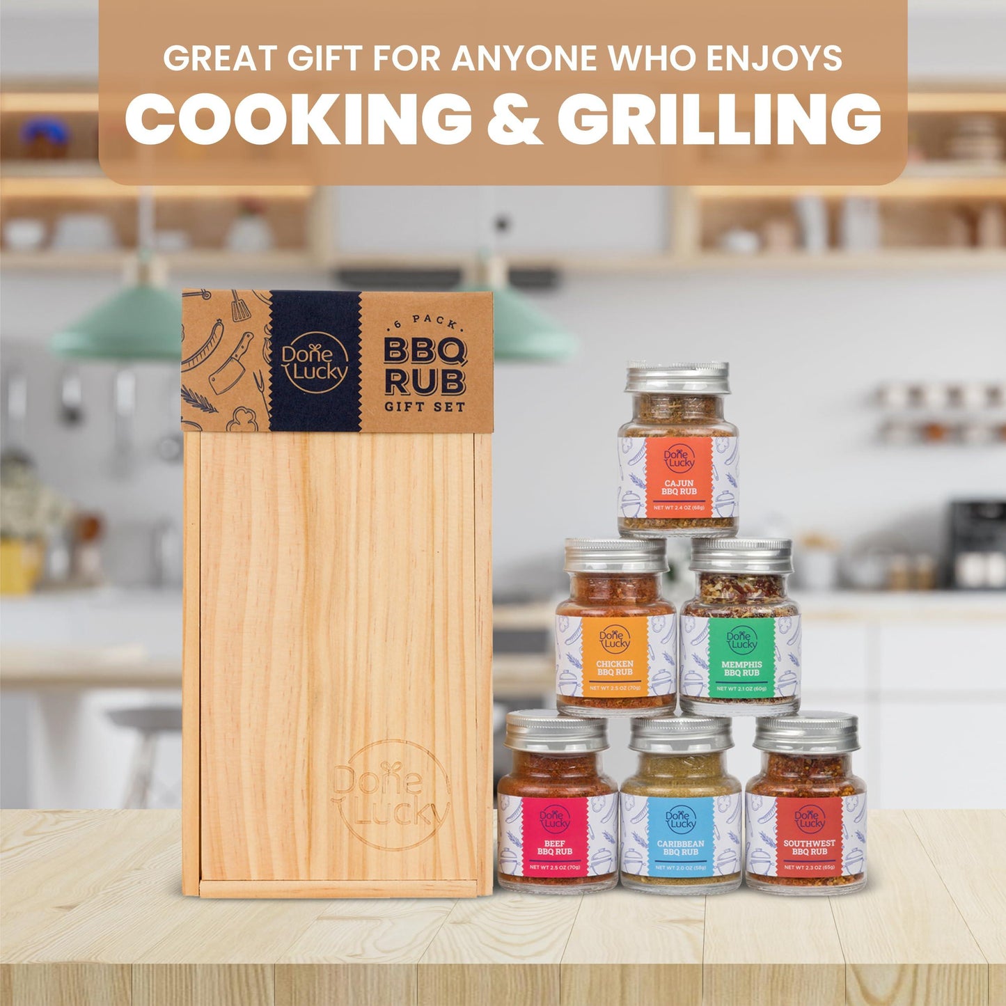 BBQ Rub Gift Set - Spice Gift Set in Premium Wooden Box - Great Grilling Gift for Christmas, Birthday, Father's Day for Him, Dad, Men, or Her - Unique Barbecue Seasonings (Set of 6) - CookCave