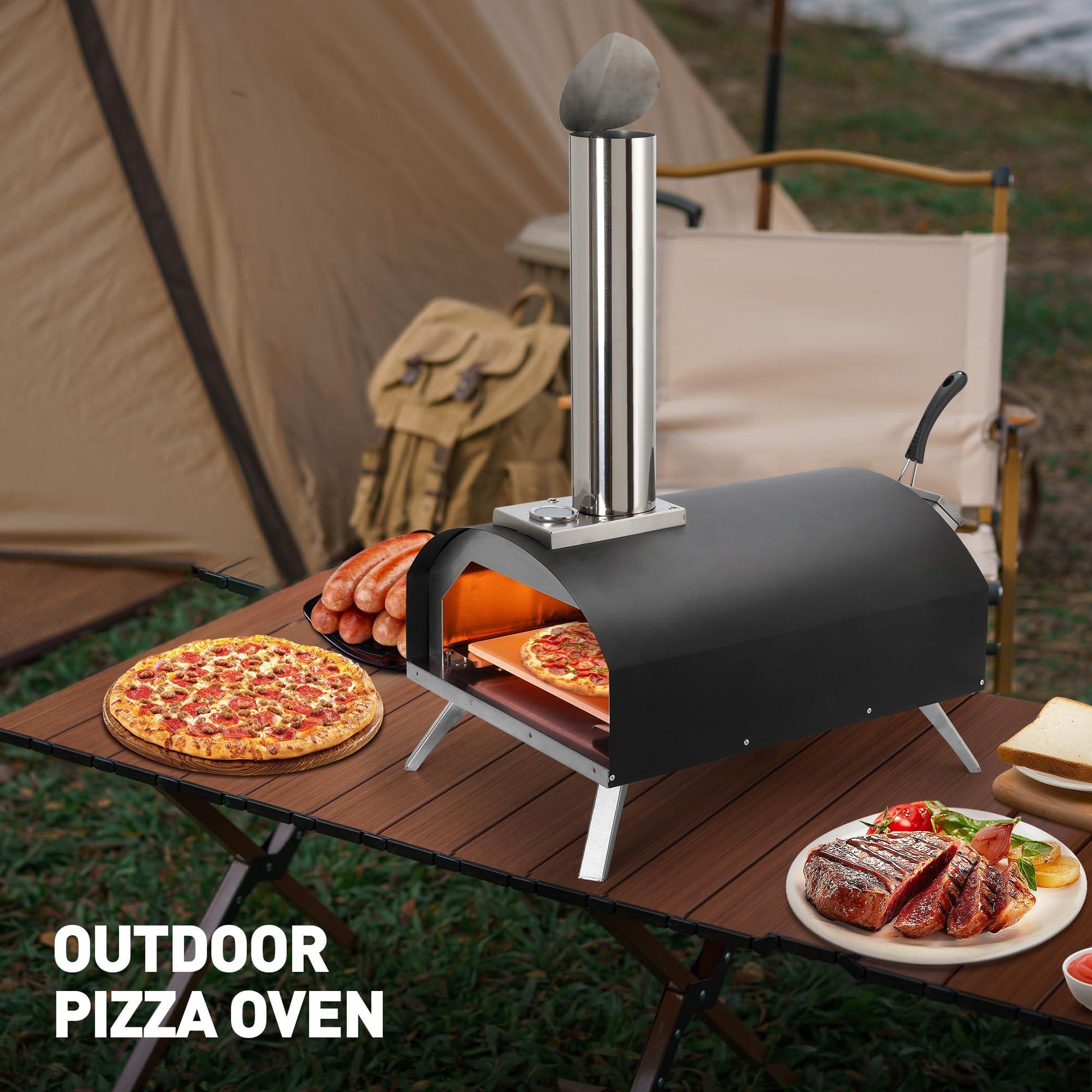 Rengue Outdoor Pizza Oven, 12" Wood Fired Pellet Pizza Ovens Built-in Thermometer, Portable Stainless Steel Cooking Pizza Maker Pizza Oven Countertop for Backyard Outside Camping Picnics - CookCave