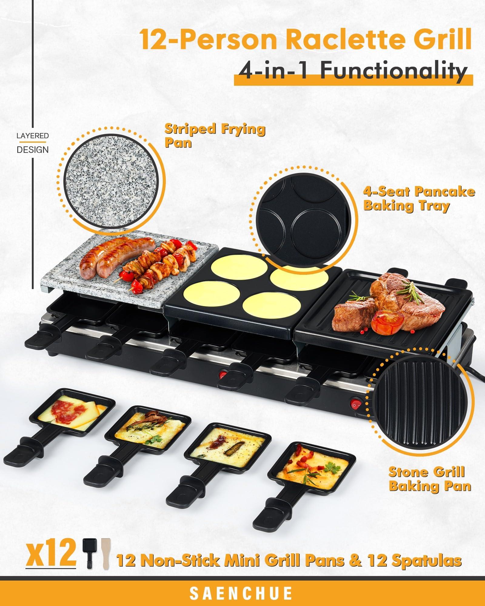 Saenchue Raclette Table Grill - Indoor Electric Grill Griddle - Nonstick Extra Large Reversible 4-In-1 Outdoor Dishwasher Safe with Cheese 12 Paddles 12 Spatulas for 12 Person, FD-12 - CookCave