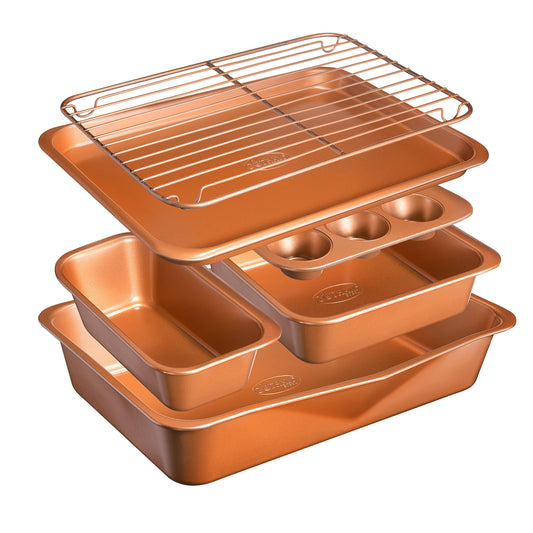 6 Piece Non-Stick Bakeware Set Includes Baking Pans, Cookie Sheet, Loaf Pan, Muffin Tin and more with Premier Ti-Cerama Copper Coating 100% PFOA Free,Graphite - CookCave