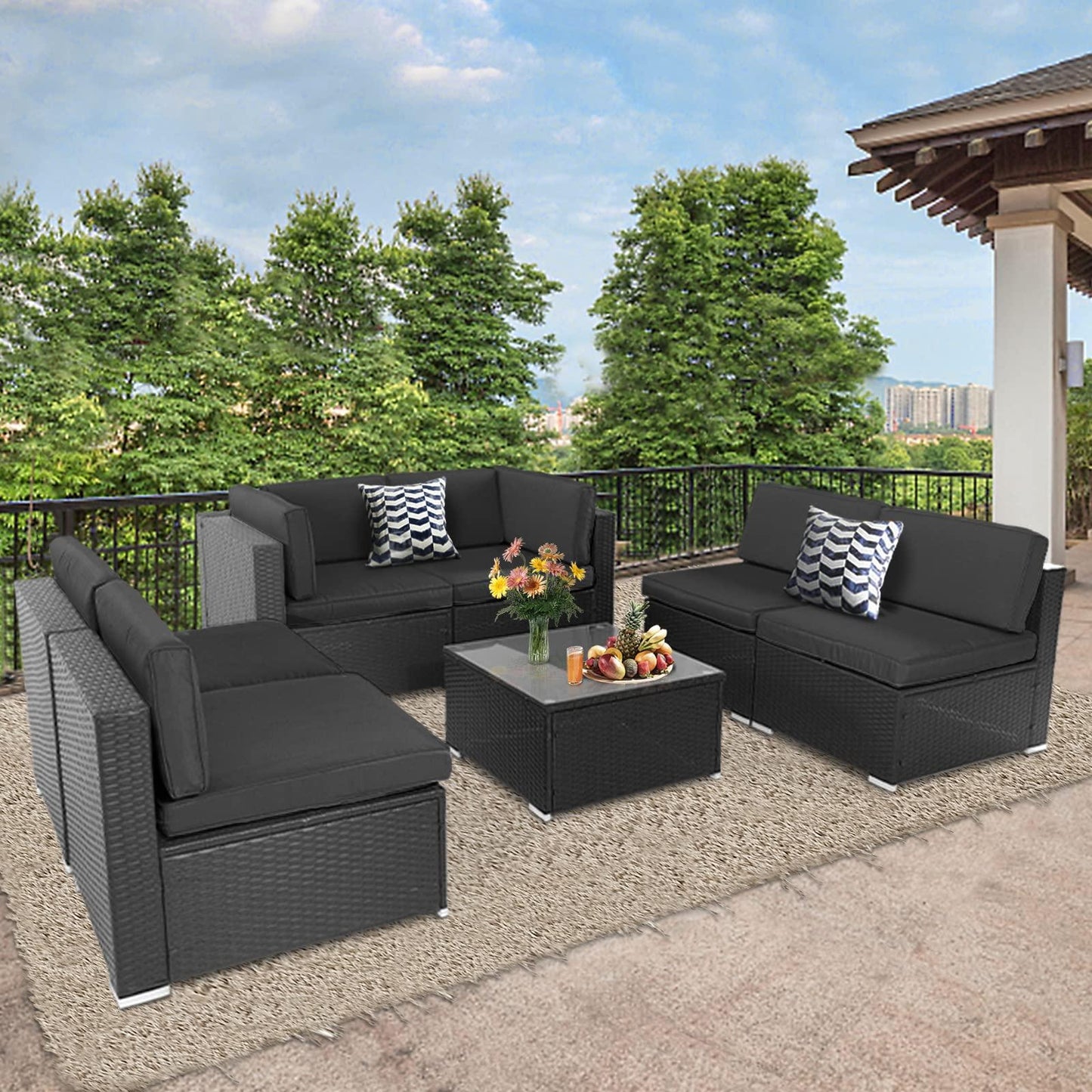 Crownland 7-Piece Outdoor Patio Furniture Sets, All-Weather Black Wicker Rattan Sectional Sofa, Modern Glass Coffee Table and Washable Seat Cushion with YKK Zipper (Grey) - CookCave