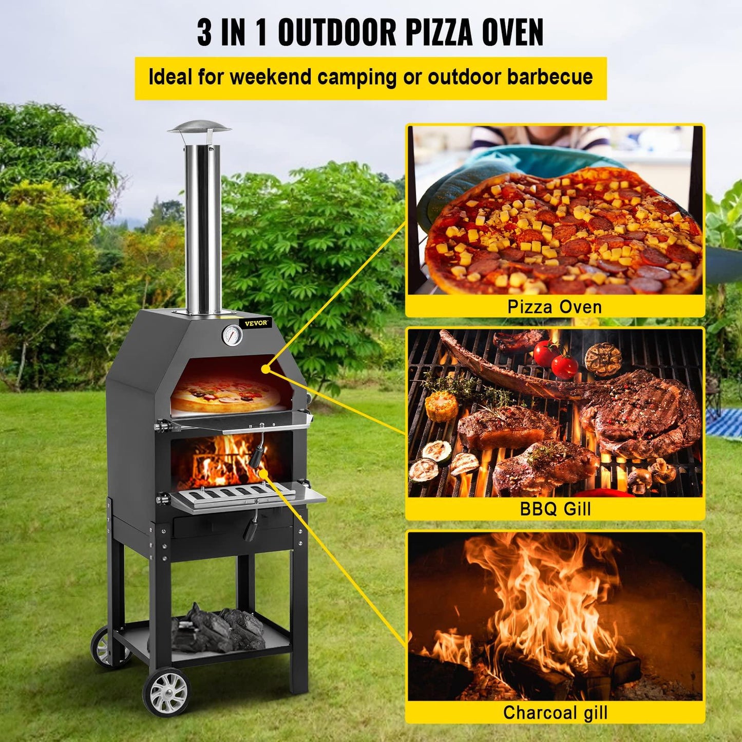 VEVOR Outdoor Pizza Oven, 12" Wood Fire Oven, 2-Layer Pizza Oven Wood Fired, Wood Burning Outdoor Pizza Oven with 2 Removable Wheels, 700℉ Max Temperature Wood Fired Pizza Maker Ovens for Barbecue - CookCave