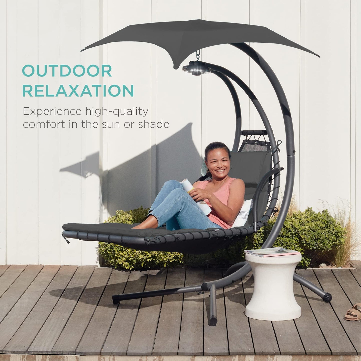 Best Choice Products Outdoor Hanging Curved Steel Chaise Lounge Chair Swing w/Built-in Pillow and Removable Canopy - Charcoal Gray - CookCave